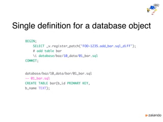 Single deﬁnition for a database object
BEGIN;
SELECT _v.register_patch('FOO-1235.add_bar.sql_diff');
# add table bar
i database/baz/10_data/01_bar.sql
COMMIT;
database/baz/10_data/bar/01_bar.sql
-- 01_bar.sql
CREATE TABLE bar(b_id PRIMARY KEY,
b_name TEXT);
 