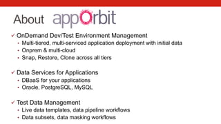 About
ü  OnDemand Dev/Test Environment Management
•  Multi-tiered, multi-serviced application deployment with initial data
•  Onprem & multi-cloud
•  Snap, Restore, Clone across all tiers
ü  Data Services for Applications
•  DBaaS for your applications
•  Oracle, PostgreSQL, MySQL
ü  Test Data Management
•  Live data templates, data pipeline workflows
•  Data subsets, data masking workflows
 