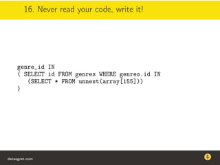 16. Never read your code, write it!
genre_id IN
( SELECT id FROM genres WHERE genres.id IN
(SELECT * FROM unnest(array[155]))
)
dataegret.com
Why this talk
• Linux is a most common OS for databases
• DBAs often run into IO problems
• Most of the information on topic is written by kerneldevelopers
(for kernel developers) or is checklist-style
• Checklists are useful, but up to certain workload
dataegret.com
 