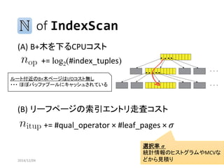 of IndexScan 
(A) B+木を下るCPUコスト 
(B) リーフページの索引エントリ走査コスト 
2014/12/04 20 
+= log2(#index_tuples) 
ルート付近のB+木ページはI/Oコスト無し 
・・・ほぼバッファプールにキャッシュされている 
+= #qual_operator × #leaf_pages × σ 
選択率σ 
統計情報のヒストグラムやMCVな 
どから見積り 
 