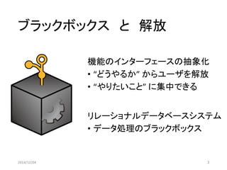 ブラックボックスと解放 
機能のインターフェースの抽象化 
•“どうやるか” からユーザを解放 
•“やりたいこと” に集中できる 
2014/12/04 3 
リレーショナルデータベースシステム 
•データ処理のブラックボックス  