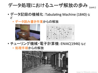 データ処理におけるユーザ解放の歩み 
•データ記録の機械化：Tabulating Machine (1840) な ど 
•データ読み書き作業からの解放 
•チューリング機械・電子計算機：ENIAC(1946) など 
•処理手順からの解放 
(cont.) 
images by Wikimedia commons  