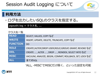 32Copyright©2015 NTT corp. All Rights Reserved.
Session Audit Logging について
・ログを出力したいSQLのクラスを指定する。
‘ALL, -MISC’でMISCだけ除く、といった設定も可能
利用方法
pgaudit.log = クラス名, ...
クラス名一覧
READ SELECT, VALUES, COPY など
WRITE INSERT, UPDATE, DELETE, TRUNCATE, COPY など
FUNCTION DO
ROLE CREATE|ALTER|DROP USER|ROLE|GROUP, GRANT, REVOKE など
DDL CREATE ... , ALTER ... , DROP ... , REINDEX, SELECT INTO など
MISC VACUUM, ANALYZE, BEGIN, COMMIT, ROLLBACK, SET, LOCK など
ALL 全てのSQL
 
