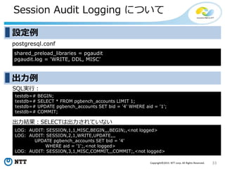 33Copyright©2015 NTT corp. All Rights Reserved.
Session Audit Logging について
postgresql.conf
LOG: AUDIT: SESSION,1,1,MISC,BEGIN,,,BEGIN;,<not logged>
LOG: AUDIT: SESSION,2,1,WRITE,UPDATE,,,
UPDATE pgbench_accounts SET bid = '4'
WHERE aid = '1';,<not logged>
LOG: AUDIT: SESSION,3,1,MISC,COMMIT,,,COMMIT;,<not logged>
設定例
shared_preload_libraries = pgaudit
pgaudit.log = 'WRITE, DDL, MISC’
出力例
SQL実行：
testdb=# BEGIN;
testdb=# SELECT * FROM pgbench_accounts LIMIT 1;
testdb=# UPDATE pgbench_accounts SET bid = '4' WHERE aid = '1';
testdb=# COMMIT;
出力結果：SELECTは出力されていない
 