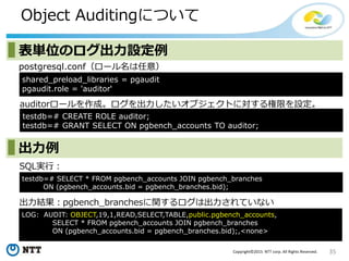 35Copyright©2015 NTT corp. All Rights Reserved.
Object Auditingについて
postgresql.conf（ロール名は任意）
LOG: AUDIT: OBJECT,19,1,READ,SELECT,TABLE,public.pgbench_accounts,
SELECT * FROM pgbench_accounts JOIN pgbench_branches
ON (pgbench_accounts.bid = pgbench_branches.bid);,<none>
表単位のログ出力設定例
shared_preload_libraries = pgaudit
pgaudit.role = 'auditor‘
出力例
SQL実行：
testdb=# SELECT * FROM pgbench_accounts JOIN pgbench_branches
ON (pgbench_accounts.bid = pgbench_branches.bid);
出力結果：pgbench_branchesに関するログは出力されていない
auditorロールを作成。ログを出力したいオブジェクトに対する権限を設定。
testdb=# CREATE ROLE auditor;
testdb=# GRANT SELECT ON pgbench_accounts TO auditor;
 