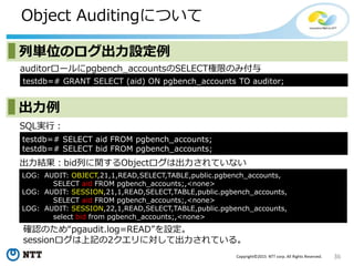 36Copyright©2015 NTT corp. All Rights Reserved.
Object Auditingについて
LOG: AUDIT: OBJECT,21,1,READ,SELECT,TABLE,public.pgbench_accounts,
SELECT aid FROM pgbench_accounts;,<none>
LOG: AUDIT: SESSION,21,1,READ,SELECT,TABLE,public.pgbench_accounts,
SELECT aid FROM pgbench_accounts;,<none>
LOG: AUDIT: SESSION,22,1,READ,SELECT,TABLE,public.pgbench_accounts,
select bid from pgbench_accounts;,<none>
列単位のログ出力設定例
出力例
SQL実行：
testdb=# SELECT aid FROM pgbench_accounts;
testdb=# SELECT bid FROM pgbench_accounts;
出力結果：bid列に関するObjectログは出力されていない
auditorロールにpgbench_accountsのSELECT権限のみ付与
testdb=# GRANT SELECT (aid) ON pgbench_accounts TO auditor;
確認のため“pgaudit.log=READ”を設定。
sessionログは上記の2クエリに対して出力されている。
 