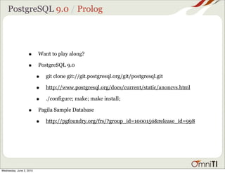 PostgreSQL 9.0 / Prolog




                   •      Want to play along?

                   •      PostgreSQL 9.0

                          •   git clone git://git.postgresql.org/git/postgresql.git

                          •   http://www.postgresql.org/docs/current/static/anoncvs.html

                          •   ./configure; make; make install;

                   •      Pagila Sample Database

                          •   http://pgfoundry.org/frs/?group_id=1000150&release_id=998




Wednesday, June 2, 2010
 