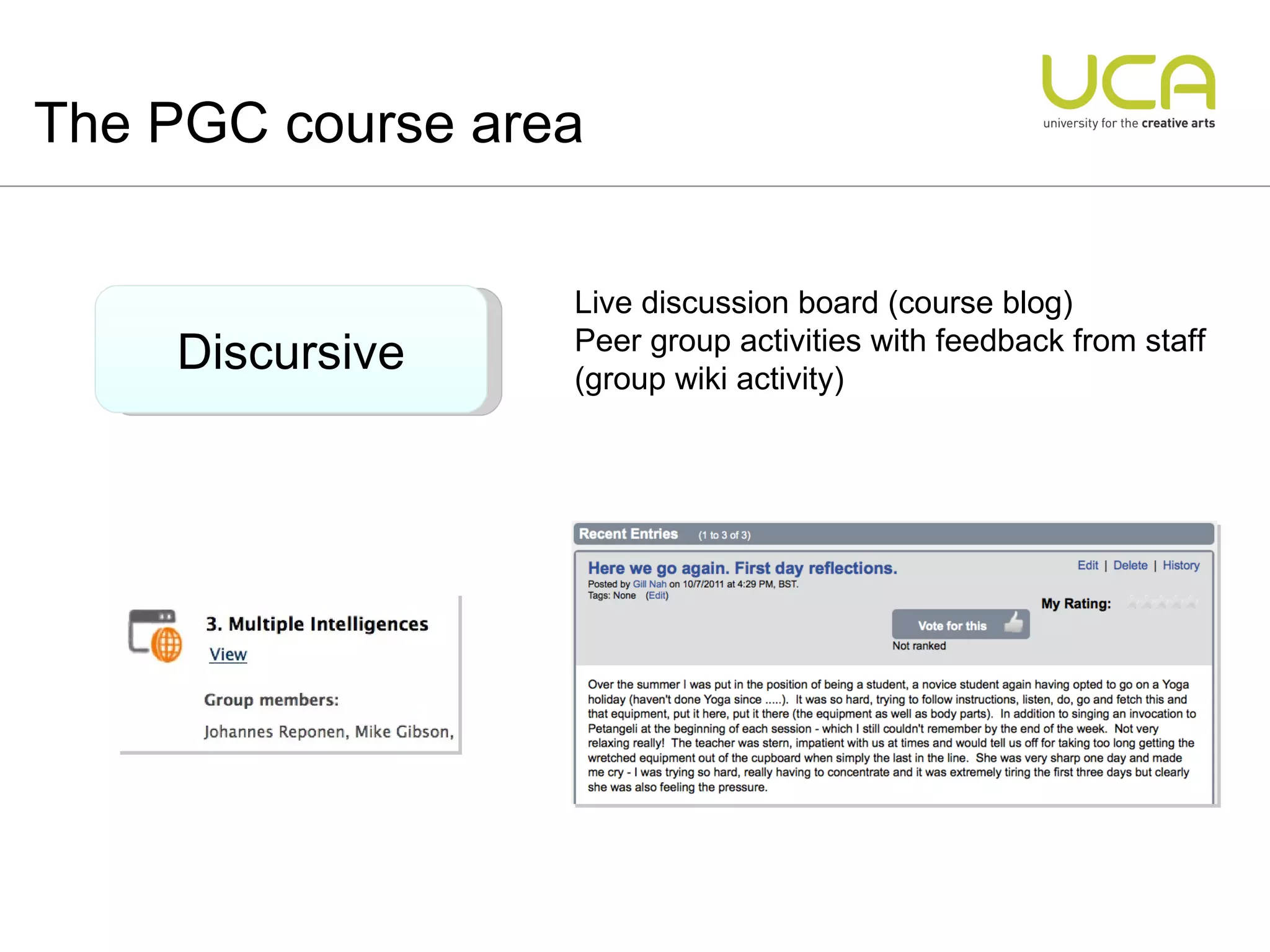 The PGC course area Discursive Live discussion board (course blog) Peer group activities with feedback from staff (group wiki activity) 