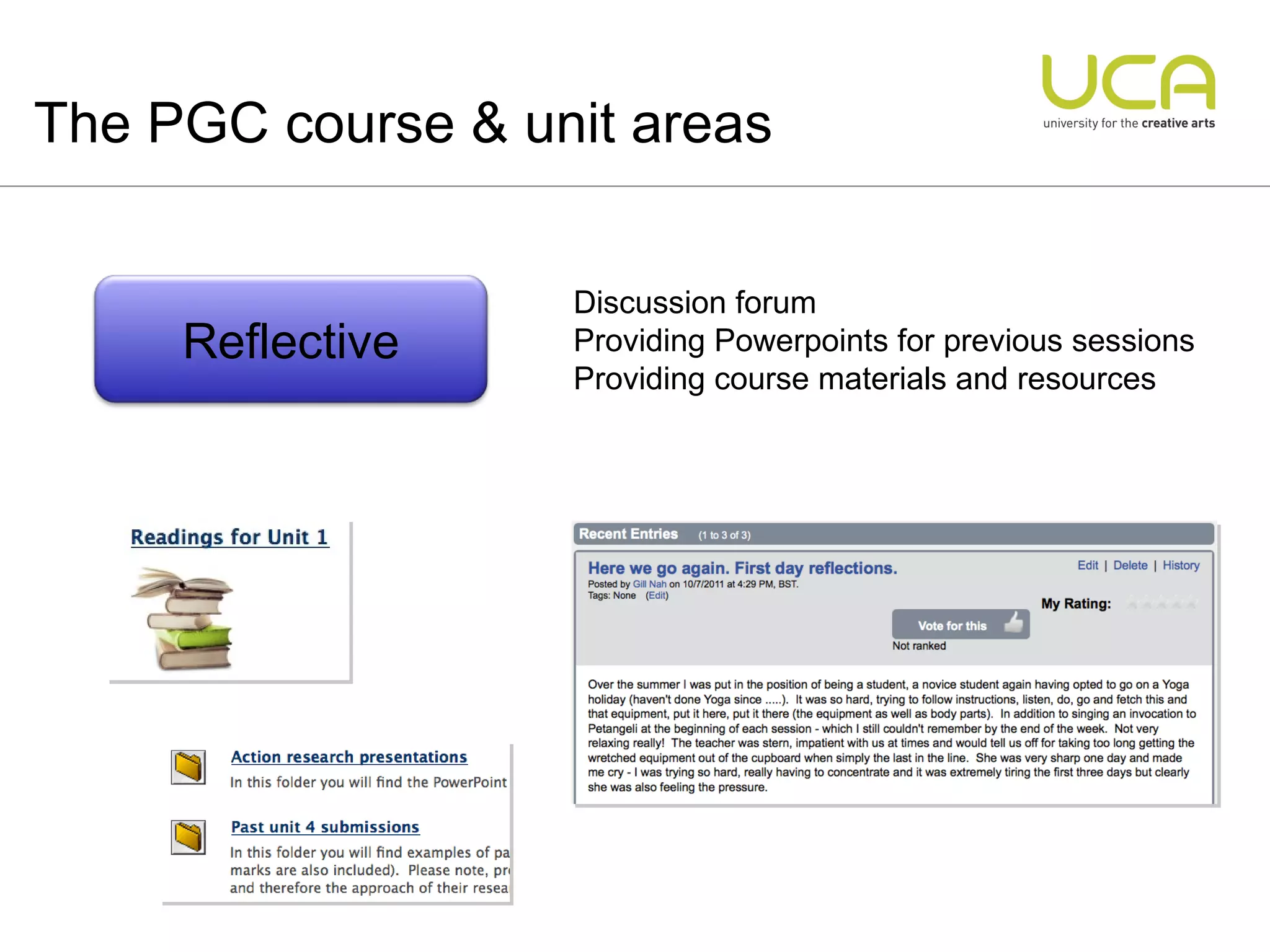 The PGC course & unit areas Discussion forum Providing Powerpoints for previous sessions Providing course materials and resources Reflective 
