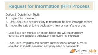 Request for Information (RFI) Process
Option 2 (Data Import Tool):
1. Inspect the document
2. Use LoadState or other utility to transform the data into Agile format
3. Import the data onto the declaration, item or manufacturer part
• LoadState can monitor an import folder and will automatically
generate and populate declarations for every file imported
• LoadState templates can perform custom validations or interpret
compliance results based on company rules or constraints
 