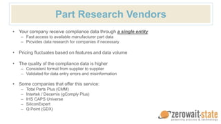 Part Research Vendors
• Your company receive compliance data through a single entity
– Fast access to available manufacturer part data
– Provides data research for companies if necessary
• Pricing fluctuates based on features and data volume
• The quality of the compliance data is higher
– Consistent format from supplier to supplier
– Validated for data entry errors and misinformation
• Some companies that offer this service:
– Total Parts Plus (CMM)
– Intertek / Decernis (gComply Plus)
– IHS CAPS Universe
– SiliconExpert
– Q Point (GDX)
 