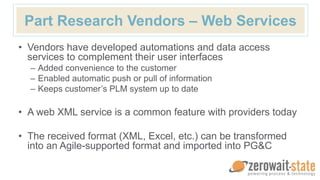 Part Research Vendors – Web Services
• Vendors have developed automations and data access
services to complement their user interfaces
– Added convenience to the customer
– Enabled automatic push or pull of information
– Keeps customer’s PLM system up to date
• A web XML service is a common feature with providers today
• The received format (XML, Excel, etc.) can be transformed
into an Agile-supported format and imported into PG&C
 