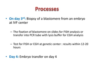 • On day 3rd: Biopsy of a blastomere from an embryo 
at IVF center 
– The fixation of blastomere on slides for FISH analysis or 
transfer into PCR tube with lysis buffer for CGH analysis 
– Test for FISH or CGH at genetic center : results within 12-20 
hours 
• Day 4: Embryo transfer on day 4 
