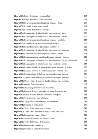 Figura 169: Painel Semântico – originalidade 217
Figura 170: Painel Semântico – funcionalidade 218
Figura 171: Referências de identificação de sistemas – letras 219
Figura 172: Rafes id. de sistemas - letras I 219
Figura 173: Rafes id. de sistemas - letras II 219
Figura 174: Rafes digitais de identificação para o sistema – letras 220
Figura 175: Rafes digitais de identificação para o sistema – ônibus 220
Figura 176: Referências de identificação de sistemas – símbolos 221
Figura 177: Rafes identificação de sistemas- símbolos I 222
Figura 178: Rafes identificação de sistemas- símbolos II 222
Figura 179: Rafes digitais de identificação para o sistema – símbolos 223
Figura 180: Referências de identificação de sistemas – nomes 223
Figura 181: Rafes manuais de identificação para o sistema – símbolo 224
Figura 182: Rafes digitais de identificação para o sistema – opções de símbolo 224
Figura 183: Rafes digitais de identificação para o sistema – acento 225
Figura 184: Rafes de símbolo de identificação para o sistema – definição 225
Figura 185: Rafes de símbolo de identificação para o sistema – cor 226
Figura 186: Rafes finais de símbolo de identificação para o sistema 226
Figura 187: Ajustes finais do símbolo de identificação para o sistema 227
Figura 188: Opções finais de símbolo de identificação para o sistema 227
Figura 189: Opções finais com nome 227
Figura 190: Mock ups para verificação do símbolo 230
Figura 191: Pesquisa de cores utilizadas em linhas de transportes 233
Figura 192: Paleta de cores do novo Sistema de Transporte 234
Figura 193: Teste de fontes para o Sistema 235
Figura 194: Tipografia do novo Sistema de Transporte 235
Figura 195: Formato de linhas atual 240
Figura 196: Testes de formatos para as linhas 240
Figura 197: Testes finais de formatos para as linhas com fundo 241
Figura 198: Formato das linhas – Carris 241
Figura 199: Síntese do formato das linhas – Carris 242
Figura 200: Testes de formatos de itinerários 243
Figura 201: Formato dos itinerários 243
Figura 202: Formato de tabela horária atual 244
 