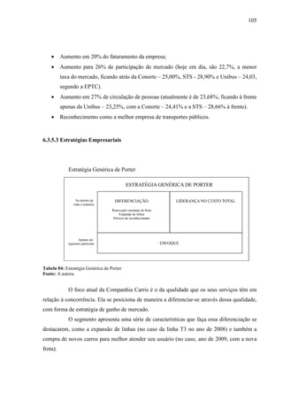 105
• Aumento em 20% do faturamento da empresa;
• Aumento para 26% de participação de mercado (hoje em dia, são 22,7%, a menor
taxa do mercado, ficando atrás da Conorte – 25,00%, STS - 28,90% e Unibus – 24,03,
segundo a EPTC).
• Aumento em 27% de circulação de pessoas (atualmente é de 23,68%; ficando à frente
apenas da Unibus – 23,25%, com a Conorte – 24,41% e a STS – 28,66% à frente).
• Reconhecimento como a melhor empresa de transportes públicos.
6.3.5.3 Estratégias Empresariais
Estratégia Genérica de Porter
Tabela 04: Estratégia Genérica de Porter
Fonte: A autora.
O foco atual da Companhia Carris é o da qualidade que os seus serviços têm em
relação à concorrência. Ela se posiciona de maneira a diferenciar-se através dessa qualidade,
com forma de estratégia de ganho de mercado.
O segmento apresenta uma série de características que faça essa diferenciação se
destacarem, como a expansão de linhas (no caso da linha T3 no ano de 2008) e também a
compra de novos carros para melhor atender seu usuário (no caso, ano de 2009, com a nova
frota).
 