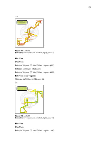 123
T5
Figura 101: Linha T5
Fonte: http://www.carris.com.br/default.php?p_secao=72
Horários
Dias Úteis
Primeira Viagem: 05:30 e Última viagem: 00:15
Sábados, Domingos e Feriados:
Primeira Viagem: 05:30 e Última viagem: 00:01
Intervalo entre viagens:
Mínimo: 06 Médio: 09 Máximo: 18
T6
Figura 102: Linha T6
Fonte: http://www.carris.com.br/default.php?p_secao=72
Horários
Dias Úteis
Primeira Viagem: 05:10 e Última viagem: 23:47
 