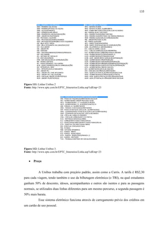 135
Figura 111: Linhas Unibus 2
Fonte: http://www.eptc.com.br/EPTC_Itinerarios/Linha.asp?cdEmp=23
Figura 112: Linhas Unibus 3.
Fonte: http://www.eptc.com.br/EPTC_Itinerarios/Linha.asp?cdEmp=23
• Preço
A Unibus trabalha com preçário padrão, assim como a Carris. A tarifa é R$2,30
para cada viagem, tendo também o uso da bilhetagem eletrônica (o TRI), na qual estudantes
ganham 50% de desconto, idosos, acompanhantes e outros são isentos e para as passagens
normais, se utilizados duas linhas diferentes para um mesmo percurso, a segunda passagem é
50% mais barata.
Esse sistema eletrônico funciona através de carregamento prévio dos créditos em
um cartão de uso pessoal.
 