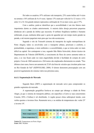 161
De todos os usuários, 87% utilizam vale transporte, 23% usam ônibus até 4 vezes
na semana e 16% utilizam de 4 a 8 vezes. Apenas 13% usam por volta de 8 a 12 vezes e 11%
entre 12 a 16. Um grande número representa a utilização de 16 ou mais vezes, que é 37%.
Com a análise, pode-se identificar que a acessibilidade é um dos fatores mais
importantes dentre os citados anteriormente. A maioria deles deseja percorrem pequenas
distâncias até a parada de ônibus que necessita. O atributo freqüência também é bastante
enfatizado, já que, nenhuma delas quer e gosta de aguardar por um tempo muito grande na
parada, e até mesmo pagariam mais para que isso não acontecesse.
Segundo o site da Trensurb (sistema de transporte da região metropolitana de
Porto Alegre), todos os envolvidos com o transporte urbano, priorizam o conforto, a
pontualidade, a segurança, o meio ambiente e a acessibilidade, o que se torna cada vez mais
difícil na capital. Em contraponto a isso, segundo Ildo Mário Szinvelski, diretor técnico do
Departamento de Trânsito (DETRAN), o crescimento do fluxo de carros aumenta todos os
anos, e as vias ficam cada vez mais engarrafadas devido à facilidade de compra do carro
próprio. Cerca de 1060 automóveis e 264 motos são emplacados diariamente no estado. "Nos
últimos cinco anos, houve um aumento de 27,6% da frota de veículos que circulam pelas ruas
no Rio Grande do Sul" (SZINVELSKI, 2008). O diretor demonstra preocupação com um
possível esgotamento do sistema viário nos próximos anos.
6.6.1.1 Segmentação de Mercado
Segundo Born (2007) a segmentação de mercado serve para compreender os
grandes segmentos de mercado.
A segmentação geográfica limita-se ao campo que abrange a cidade de Porto
Alegre, já que o sistema de transporte público, em específico a Carris (e suas concorrentes
Conorte, STS e Unibus) é ali distribuído. A região possui clima subtropical úmido, com
verões quentes e invernos frios. Raramente neva, e as médias de temperaturas são: verão 25º
e inverno 14º.
Mês Jan Fev Mar Abr Mai Jun Jul Ago Set Out Nov Dez
Maior temperatura°C 31 31 28 26 22 19 19 20 21 23 27 29
Menor temperatura °C 19 20 18 16 12 9 9 10 12 14 16 18
Tabela 23: Temperaturas em Porto Alegre
Fonte: BBC Weather
 