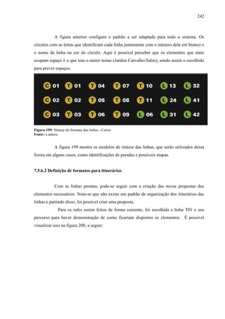 242
A figura anterior configura o padrão a ser adaptado para todo o sistema. Os
círculos com as letras que identificam cada linha juntamente com o número dela em branco e
o nome da linha na cor do círculo. Aqui é possível perceber que os elementos que mais
ocupam espaço é o que tem o maior nome (Jardim Carvalho/Salso), sendo assim o escolhido
para prever espaços.
Figura 199: Síntese do formato das linhas - Carris
Fonte: a autora
A figura 199 mostra os modelos de síntese das linhas, que serão utilizados dessa
forma em alguns casos, como identificações de paradas e possíveis mapas.
7.5.6.2 Definição de formatos para itinerários
Com as linhas prontas, pode-se seguir com a criação das novas propostas dos
elementos necessários. Nota-se que não existe um padrão de organização dos itinerários das
linhas e partindo disso, foi possível criar uma proposta.
Para os rafes serem feitos de forma coerente, foi escolhida a linha T01 e seu
percurso para haver demonstração de como ficariam dispostos os elementos. É possível
visualizar isso na figura 200, a seguir:
 
