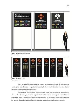 249
Figura 206: Rafes P.I.T.G e P.I.T.P
Fonte: a autora
Figura 207: Rafes T.T.G
Fonte: a autora
Com os rafes foi possível detectar que era necessária a utilização de mais uma cor
como apoio, para destacar e organizar a informação. É possível visualizar isso nas figuras
anteriores, com a presença do preto 90%.
Inicialmente, é utilizado o símbolo criado junto com o nome do terminal (em
Univers Black). Em seguida, separado por caixas, as linhas que saem daquele terminal e suas
respectivas cores. Em fundo cinza é utilizado o símbolo na cor branca, e em fundo preto, na
cor laranja, devido às características vibrantes que causa a combinação cinza e laranja.
 