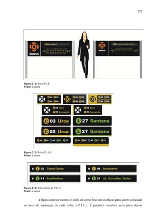 252
Figura 211: Rafes P.I.E
Fonte: a autora
Figura 212: Rafes P.I.L.E
Fonte: a autora
Figura 213: Rafes finais de P.I.L.E
Fonte: a autora
A figura anterior mostra os rafes de como ficariam as placas para serem colocadas
no local do embarque de cada linha, a P.I.L.E. É possível visualizar uma placa dessas
 