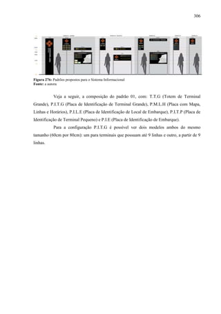 306
Figura 276: Padrões propostos para o Sistema Informacional
Fonte: a autora
Veja a seguir, a composição do padrão 01, com: T.T.G (Totem de Terminal
Grande), P.I.T.G (Placa de Identificação de Terminal Grande), P.M.L.H (Placa com Mapa,
Linhas e Horários), P.I.L.E (Placa de Identificação de Local de Embarque), P.I.T.P (Placa de
Identificação de Terminal Pequeno) e P.I.E (Placa de Identificação de Embarque).
Para a configuração P.I.T.G é possível ver dois modelos ambos do mesmo
tamanho (60cm por 80cm): um para terminais que possuam até 9 linhas e outro, a partir de 9
linhas.
 