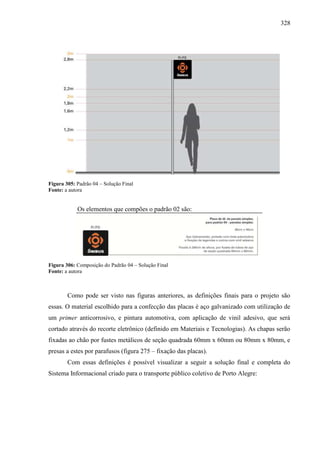 328
Figura 305: Padrão 04 – Solução Final
Fonte: a autora
Os elementos que compões o padrão 02 são:
Figura 306: Composição do Padrão 04 – Solução Final
Fonte: a autora
Como pode ser visto nas figuras anteriores, as definições finais para o projeto são
essas. O material escolhido para a confecção das placas é aço galvanizado com utilização de
um primer anticorrosivo, e pintura automotiva, com aplicação de vinil adesivo, que será
cortado através do recorte eletrônico (definido em Materiais e Tecnologias). As chapas serão
fixadas ao chão por fustes metálicos de seção quadrada 60mm x 60mm ou 80mm x 80mm, e
presas a estes por parafusos (figura 275 – fixação das placas).
Com essas definições é possível visualizar a seguir a solução final e completa do
Sistema Informacional criado para o transporte público coletivo de Porto Alegre:
 