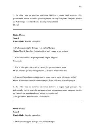 422
5. Ao olhar para os materiais adicionais (adesivo e mapa), você considera eles
padronizados entre si e acredita que estes possam ser adaptados para o transporte publico
de Porto Alegre considerando uma mudança neste sistema?
Óbvio!
Idade: 23 anos
Sexo: F
Escolaridade: Superior Incompleto
1. Qual das duas opções de mapa você prefere? Porque.
Maior. Mais fácil de abrir, é mais intuitivo. Mais cara de turista também.
2. Você considera esse mapa organizado, simples e legível?
Sim, muito.
3. Cite as principais características e sensações que este mapa te passa.
Dá pra entender que a divisão é por cores. Achei isso interessantíssimo.
4. O que você acha da proposta de adesivo para a caracterização interna dos ônibus?
Gosto. Acho que os materiais tem muito a ver, já que utilizam a mesma linguagem.
5. Ao olhar para os materiais adicionais (adesivo e mapa), você considera eles
padronizados entre si e acredita que estes possam ser adaptados para o transporte publico
de Porto Alegre considerando uma mudança neste sistema?
Acho que dá sim. Ta interessante a idéia, ta boa!
Idade: 57 anos
Sexo: F
Escolaridade: Superior Incompleto
1. Qual das duas opções de mapa você prefere? Porque.
 