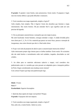 423
O grande. O grande é mais bonito, mais presencioso. Gosto muito. O pequeno é legal,
mas tem muitas dobras o que pode dificultar o manuseio.
2. Você considera esse mapa organizado, simples e legível?
Acho simples, bem simples. Não é ilegível. Gosto dos desenhos que ilustram o mapa
internamente. São muito bonitos. Dá pra entender fácil o que significa cada um sem
precisar da legenda.
3. Cite as principais características e sensações que este mapa te passa.
Me senti localizada. Gostei bastante, consegui entender o mapa. A cidade dividida pelos
tons claros por C, L, N e S. Só o material que parece ser meio fraco, passou a sensação de
insegurança, mas como disseste que não é o final então ótimo.
4. O que você acha da proposta de adesivo para a caracterização interna dos ônibus?
Acho interessante propor algo interno para os ônibus também. Gosto muito. Os existentes
não são nada bonitos e normalmente estão mal cuidados, rasgados, descolados ou mal
colados.
5. Ao olhar para os materiais adicionais (adesivo e mapa), você considera eles
padronizados entre si e acredita que estes possam ser adaptados para o transporte publico
de Porto Alegre considerando uma mudança neste sistema?
Com certeza! Espero que haja uma padronização logo.
Idade: 14 anos
Sexo: F
Escolaridade: Superior Incompleto
1. Qual das duas opções de mapa você prefere? Porque.
O grande. O pequeno não tem impacto.
2. Você considera esse mapa organizado, simples e legível?
Sim, acho sim, e muito bonito. Adorei as cores.
 