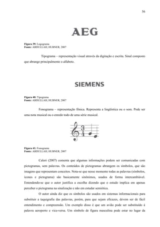 56
Figura 39: Logograma
Fonte: ABDULLAH; HUBNER, 2007
Tipograma – representação visual através da digitação e escrita. Sinal composto
que abrange principalmente o alfabeto.
Figura 40: Tipograma
Fonte: ABDULLAH; HUBNER, 2007
Fonograma – representação fônica. Representa a lingüística ou o som. Pode ser
uma nota musical ou o enredo todo de uma série musical.
Figura 41: Fonograma
Fonte: ABDULLAH; HUBNER, 2007
Calori (2007) comenta que algumas informações podem ser comunicadas com
pictogramas, sem palavras. Os conteúdos de pictogramas abrangem os símbolos, que são
imagens que representam conceitos. Nota-se que nesse momento todas as palavras (símbolos,
ícones e pictograma) são basicamente sinônimos, usados de forma intercambiável.
Entendendo-se que o autor justifica a escolha dizendo que o estudo implica em apenas
perceber o pictograma na sinalização e não em estudar semiótica.
O autor ainda diz que os símbolos são usados em sistemas informacionais para
substituir a taquigrafia das palavras, porém, para que sejam eficazes, devem ser de fácil
entendimento e compreensão. Um exemplo disso é que um avião pode ser substituído à
palavra aeroporto e vice-versa. Um símbolo de figura masculina pode estar no lugar da
 