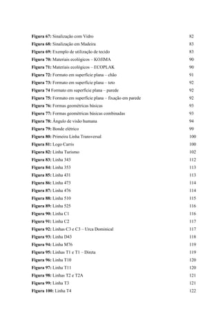 Figura 67: Sinalização com Vidro 82
Figura 68: Sinalização em Madeira 83
Figura 69: Exemplo de utilização de tecido 83
Figura 70: Materiais ecológicos – KOJIMA 90
Figura 71: Materiais ecológicos – ECOPLAK 90
Figura 72: Formato em superfície plana – chão 91
Figura 73: Formato em superfície plana – teto 92
Figura 74 Formato em superfície plana – parede 92
Figura 75: Formato em superfície plana – fixação em parede 92
Figura 76: Formas geométricas básicas 93
Figura 77: Formas geométricas básicas combinadas 93
Figura 78: Ângulo de visão humana 94
Figura 79: Bonde elétrico 99
Figura 80: Primeira Linha Transversal 100
Figura 81: Logo Carris 100
Figura 82: Linha Turismo 102
Figura 83: Linha 343 112
Figura 84: Linha 353 113
Figura 85: Linha 431 113
Figura 86: Linha 473 114
Figura 87: Linha 476 114
Figura 88: Linha 510 115
Figura 89: Linha 525 116
Figura 90: Linha C1 116
Figura 91: Linha C2 117
Figura 92: Linhas C3 e C3 – Urca Dominical 117
Figura 93: Linha D43 118
Figura 94: Linha M76 119
Figura 95: Linhas T1 e T1 – Direta 119
Figura 96: Linha T10 120
Figura 97: Linha T11 120
Figura 98: Linhas T2 e T2A 121
Figura 99: Linha T3 121
Figura 100: Linha T4 122
 
