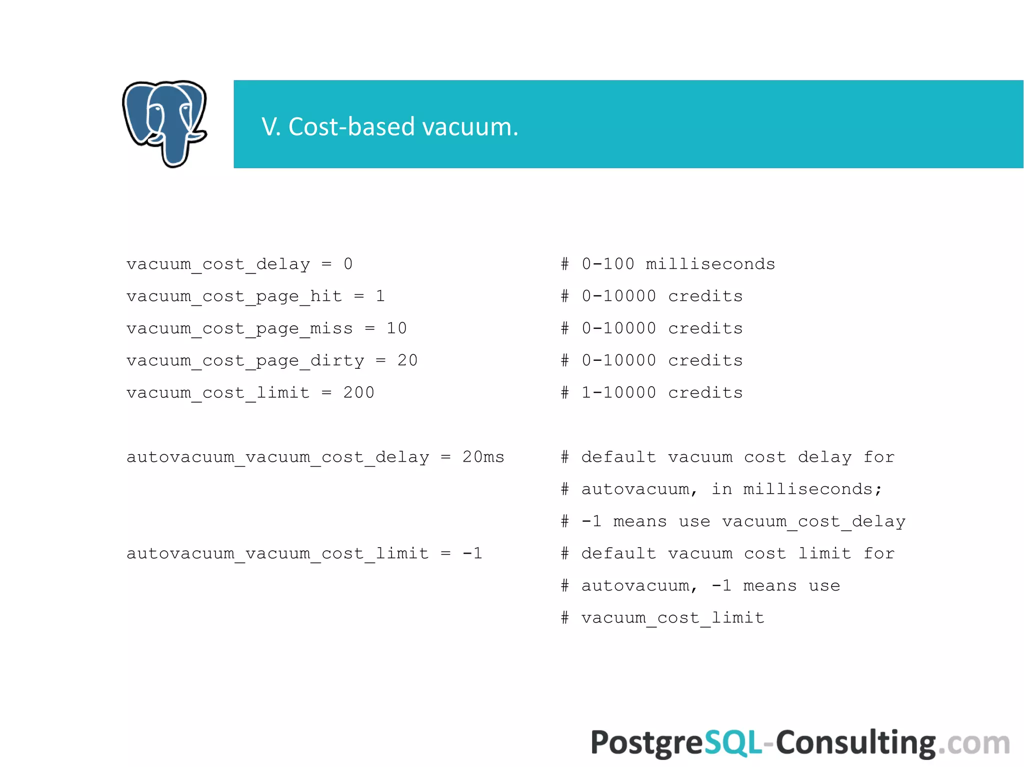 vacuum_cost_delay = 0 # 0-100 milliseconds
vacuum_cost_page_hit = 1 # 0-10000 credits
vacuum_cost_page_miss = 10 # 0-10000 credits
vacuum_cost_page_dirty = 20 # 0-10000 credits
vacuum_cost_limit = 200 # 1-10000 credits
autovacuum_vacuum_cost_delay = 20ms # default vacuum cost delay for
# autovacuum, in milliseconds;
# -1 means use vacuum_cost_delay
autovacuum_vacuum_cost_limit = -1 # default vacuum cost limit for
# autovacuum, -1 means use
# vacuum_cost_limit
V. Cost-based vacuum.
 