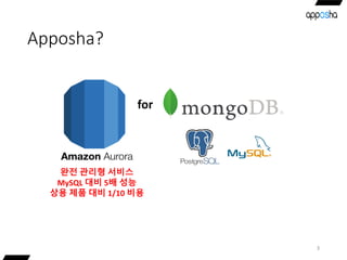 Apposha?
3
완전 관리형 서비스
MySQL 대비 5배 성능
상용 제품 대비 1/10 비용
for
 