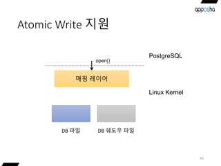 Atomic Write 지원
45
매핑 레이어
DB 파일
open()
DB 쉐도우 파일
PostgreSQL
Linux Kernel
 