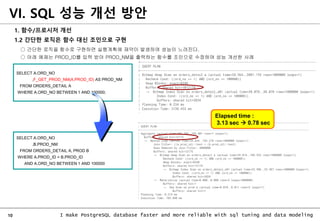 10 I make PostgreSQL database faster and more reliable with sql tuning and data modeling
○ 간단한 로직을 함수로 구현하면 실행계획에 재약이 발생하여 성능이 느려진다.
○ 아래 예제는 PROD_ID를 입력 받아 PROD_NM을 출력하는 함수를 조인으로 수정하여 성능 개선한 사례
VI. SQL 성능 개선 방안
1. 함수/프로시저 개선
1.2 간단한 로직은 함수 대신 조인으로 구현
SELECT A.ORD_NO
,F_GET_PROD_NM(A.PROD_ID) AS PROD_NM
FROM ORDERS_DETAIL A
WHERE A.ORD_NO BETWEEN 1 AND 100000;
SELECT A.ORD_NO
,B.PROD_NM
FROM ORDERS_DETAIL A, PROD B
WHERE A.PROD_ID = B.PROD_ID
AND A.ORD_NO BETWEEN 1 AND 100000
Elapsed time :
3.13 sec  0.78 sec
 