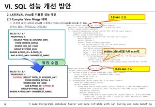 12 I make PostgreSQL database faster and more reliable with sql tuning and data modeling
○ 아래와 같이 Lateral View를 사용해서 Index Access를 유도할 수 있다..
인덱스 컬럼 : PROD_ID, ORD_NO
VI. SQL 성능 개선 방안
2. LATERVAL View를 이용한 성능 개선
2.1 Complex View Merge 대체
SELECT A.*, B.*
FROM PROD A,
(SELECT PROD_ID, AVG(ORD_AMT)
FROM ORDERS_DETAIL
WHERE ORD_NO < 8000
GROUP BY PROD_ID) B
WHERE A.PROD_ID = B.PROD_ID
AND A.PROD_NM = '999998TEST_NAME';
SELECT A.*, B.*
FROM PROD A,
LATERAL (SELECT PROD_ID, AVG(ORD_AMT)
FROM ORDERS_DETAIL B
WHERE ORD_NO < 8000
AND B.PROD_ID = A.PROD_ID
GROUP BY PROD_ID) B
WHERE A.PROD_NM = '999998TEST_NAME';
쿼리 수정
0.05 sec 소요
1.8 sec 소요
orders_detail 을 full scan함
 
