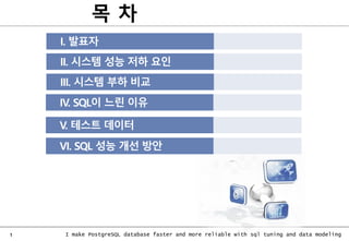 1 I make PostgreSQL database faster and more reliable with sql tuning and data modeling
I. 발표자
II. 시스템 성능 저하 요인
III. 시스템 부하 비교
V. 테스트 데이터
VI. SQL 성능 개선 방안
목 차
IV. SQL이 느린 이유
 