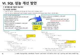 26 I make PostgreSQL database faster and more reliable with sql tuning and data modeling
7. 분석함수를 이용한 성능개선
7.2 비상관 서브쿼리
○ 개선 전 쿼리는 ORDERS_DETAIL을 2번 액세스하는 비효율이 있다.
○ 개선 후 쿼리는 WINDOW FUNCTION을 사용해서 ORDERS_DETAIL을 1회만 액세스 하도록 했다.
VI. SQL 성능 개선 방안
SELECT O.ORD_NO, O.COMMENT, v.ORD_AMT
FROM ORDERS O,
(SELECT ORD_NO, SUM(ORD_AMT) ORD_AMT
, MAX(SUM(ORD_AMT)) OVER () MAX_S
FROM ORDERS_DETAIL
WHERE COMMENT LIKE '9%‘
GROUP BY ORD_NO) V
WHERE O.ORD_NO = v.ORD_NO
AND v.ORD_AMT = v.MAX_S
WITH v AS NOT MATERIALIZED (
SELECT ORD_NO, SUM(ORD_AMT) AS ORD_AMT
FROM ORDERS_DETAIL D
WHERE COMMENT LIKE '9%‘
GROUP BY ORD_NO)
SELECT O.ORD_NO, O.COMMENT, v.ORD_AMT
FROM ORDERS O, v
WHERE O.ORD_NO = v.ORD_NO
AND v.ORD_AMT = (SELECT MAX(v.ORD_AMT)
FROM v)
쿼리 수정
2.2 sec ->
0.9sec
2회 ACCESS
1회 ACCESS
 