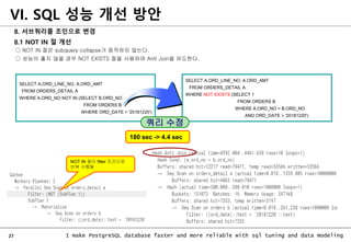 27 I make PostgreSQL database faster and more reliable with sql tuning and data modeling
8. 서브쿼리를 조인으로 변경
8.1 NOT IN 절 개선
○ NOT IN 절은 subquery collapse가 동작하지 않는다.
○ 성능이 좋지 않을 경우 NOT EXISTS 절을 사용하여 Anti Join을 유도한다.
VI. SQL 성능 개선 방안
SELECT A.ORD_LINE_NO, A.ORD_AMT
FROM ORDERS_DETAIL A
WHERE NOT EXISTS (SELECT 1
FROM ORDERS B
WHERE A.ORD_NO = B.ORD_NO
AND ORD_DATE > '20181220')
SELECT A.ORD_LINE_NO, A.ORD_AMT
FROM ORDERS_DETAIL A
WHERE A.ORD_NO NOT IN (SELECT B.ORD_NO
FROM ORDERS B
WHERE ORD_DATE > '20181220')
쿼리 수정
180 sec -> 4.4 sec
NOT IN 절이 filter 조건으로
반복 수행됨
 