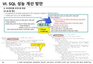 28 I make PostgreSQL database faster and more reliable with sql tuning and data modeling
8. 서브쿼리를 조인으로 변경
8.2 IN 절 개선
○ PostgreSQL은 Complex Subquery인 경우 subquery collapse가 동작하지 않는다.
○ 아래와 같이 조인 으로 쿼리를 변환한다.
VI. SQL 성능 개선 방안
SELECT ORD_NO, CUST_ID, ORD_DATE, ORD_AMT
FROM ORDERS O,
(SELECT C.CUST_ID, MAX(C.ORD_DATE) M_ORD_DATE
FROM ORDERS C
WHERE C.ORD_NO BETWEEN 137000 AND 138000
GROUP BY C.CUST_ID) C
WHERE O.CUST_ID = C.CUST_ID
AND O.ORD_DATE = C.M_ORD_DATE
AND O.ORD_NO BETWEEN 137000 AND 138000
SELECT ORD_NO, CUST_ID, ORD_DATE, ORD_AMT
FROM ORDERS O
WHERE ORD_DATE IN (SELECT MAX(C.ORD_DATE)
FROM ORDERS C
WHERE C.CUST_ID = O.CUST_ID)
AND O.ORD_NO BETWEEN 137000 AND 138000
쿼리 수정
1.79 sec
-> 0.04 sec
서브쿼리 1000회 수행
 