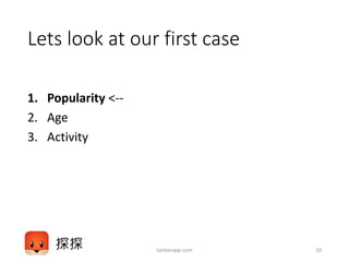 Lets look at our first case
1. Popularity <--
2. Age
3. Activity
tantanapp.com 10
 