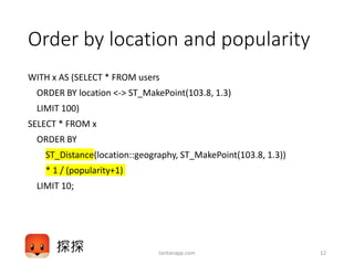 Order by location and popularity
WITH x AS (SELECT * FROM users
ORDER BY location <-> ST_MakePoint(103.8, 1.3)
LIMIT 100)
SELECT * FROM x
ORDER BY
ST_Distance(location::geography, ST_MakePoint(103.8, 1.3))
* 1 / (popularity+1)
LIMIT 10;
tantanapp.com 12
 