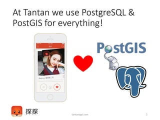 At Tantan we use PostgreSQL &
PostGIS for everything!
2tantanapp.com
 