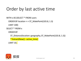 Order by last active time
WITH x AS (SELECT * FROM users
ORDER BY location <-> ST_MakePoint(103.8, 1.3)
LIMIT 100)
SELECT * FROM x
ORDER BY
ST_Distance(location::geography, ST_MakePoint(103.8, 1.3))
* Extract(Now() - active_time)
LIMIT 10;
tantanapp.com 30
 