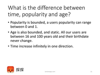 What is the difference between
time, popularity and age?
• Popularity is bounded, a users popularity can range
between 0 and 1.
• Age is also bounded, and static. All our users are
between 16 and 100 years old and their birthdate
never change.
• Time increase infinitely in one direction.
tantanapp.com 31
 