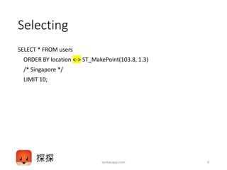 Selecting
SELECT * FROM users
ORDER BY location <-> ST_MakePoint(103.8, 1.3)
/* Singapore */
LIMIT 10;
tantanapp.com 9
 