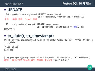 2017-11-04
10
PgDay.Seoul 2017 PostgreSQL 10 새기능
(9.6) postgres@postgres=# SELECT to_date('2017-02-35', 'YYYY-MM-DD');
to_date
------------
2017-03-07
(1개 행)
(10) postgres@postgres=# SELECT to_date('2017-02-35', 'YYYY-MM-DD');
오류: 날짜/시간 필드의 값이 범위를 벗어남: "2017-02-35"
UPDATE
to_date(), to_timestamp()
(9.6) postgres@postgres=# UPDATE measurement
SET (peaktemp, unitsales) = ROW(2,2);
오류: 구문 오류, "row" 부근
(10) postgres@postgres=# UPDATE measurement
SET (peaktemp, unitsales) = ROW(2,2);
UPDATE 1
 