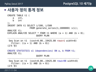 2017-11-04
14
PgDay.Seoul 2017 PostgreSQL 10 새기능
사용자 정의 통계 정보
CREATE TABLE t1 (
a int,
b int
);
INSERT INTO t1 SELECT i/100, i/500
FROM generate_series(1,1000000) s(i);
ANALYZE t1;
EXPLAIN ANALYZE SELECT * FROM t1 WHERE (a = 1) AND (b = 0);
QUERY PLAN
------------------------------------------------------
Seq Scan on t1 (cost=0.00..19425.00 rows=1 width=8)
Filter: ((a = 1) AND (b = 0))
(2개 행)
CREATE STATISTICS s1 (dependencies) ON a, b FROM t1;
ANALYZE t1;
QUERY PLAN
-------------------------------------------------------
Seq Scan on t1 (cost=0.00..19425.00 rows=98 width=8)
Filter: ((a = 1) AND (b = 0))
(2개 행)
 