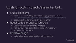 ●
●
●
●
●
● Cost eﬀective
● Timeseries and aggregate queries
● Flexible schema
 