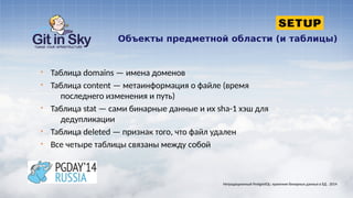 Объекты предметной области (и таблицы)
§ Таблица domains — имена доменов
§ Таблица content — метаинформация о файле (время
последнего изменения и путь)
§ Таблица stat — сами бинарные данные и их sha-1 хэш для
дедупликации
§ Таблица deleted — признак того, что файл удален
§ Все четыре таблицы связаны между собой
Нетрадиционный PostgreSQL: хранение бинарных данных в БД . 2014
 
